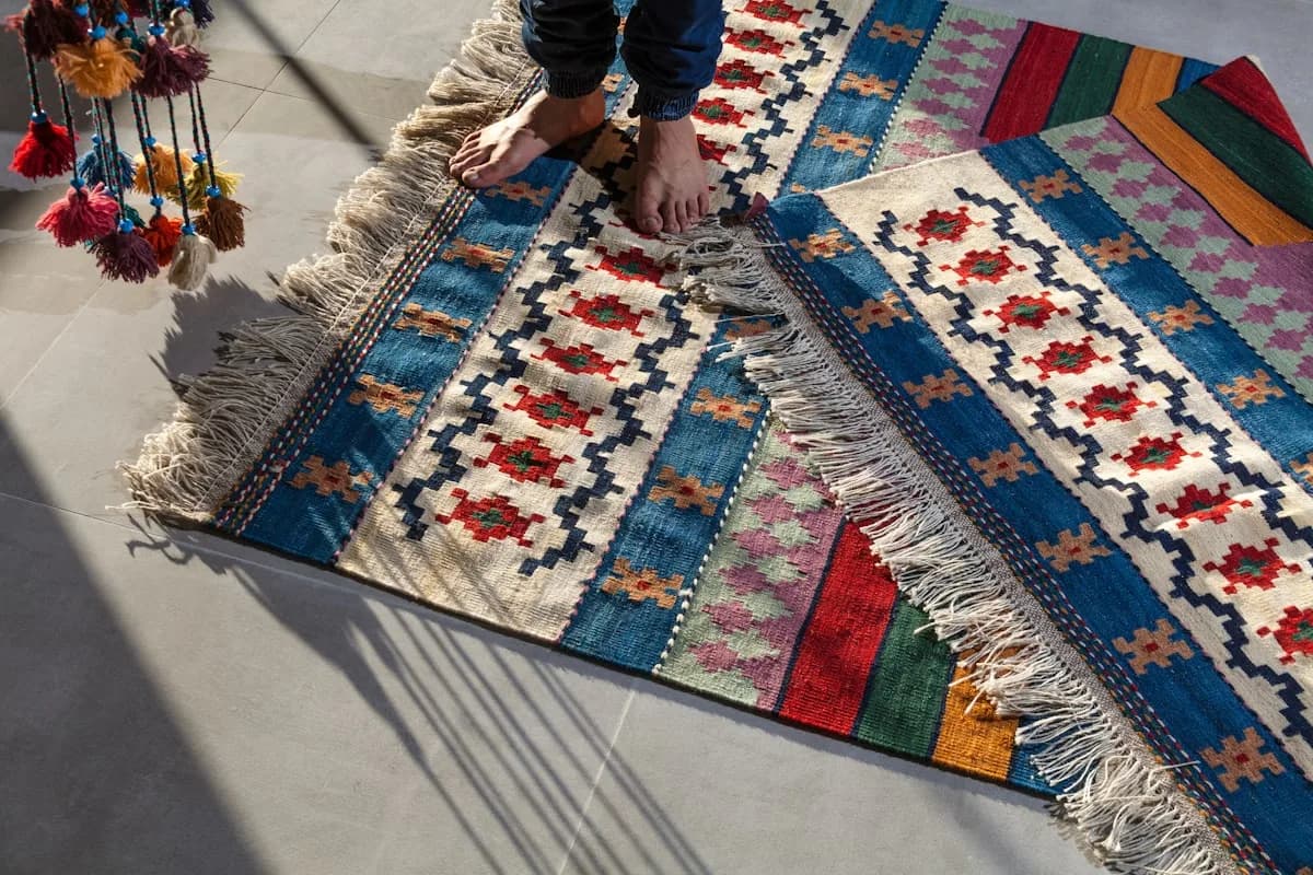 A flatwoven kilim in madder and undyed wool laid in a room, showing how much floor a 168 × 244 cm piece covers