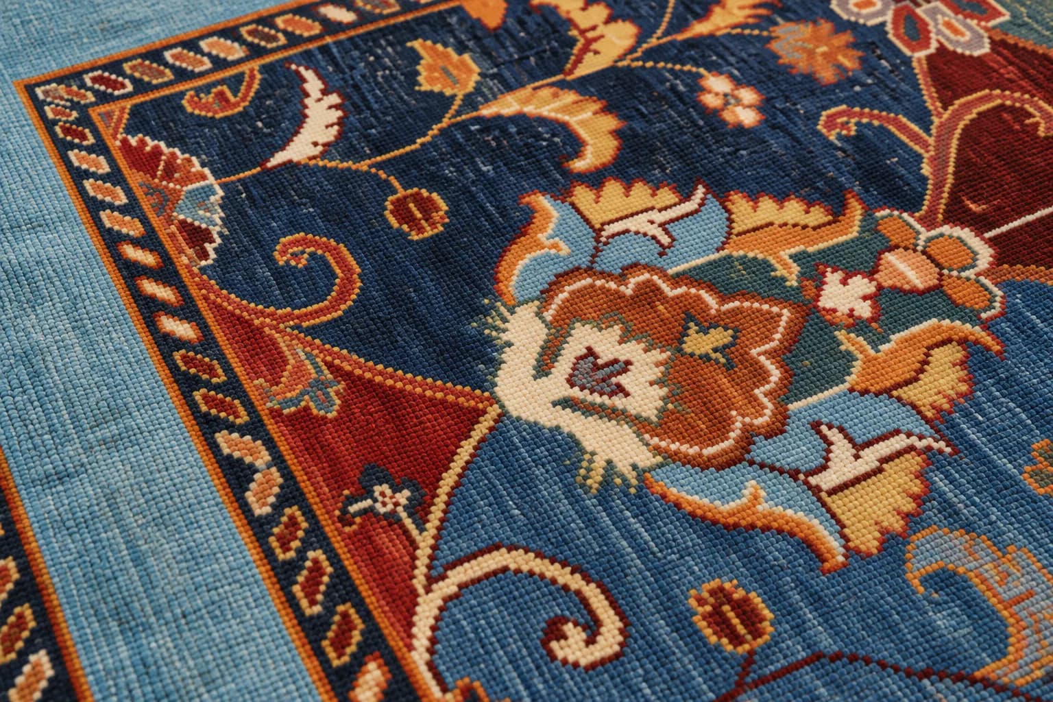 Handmade Southwestern Asian Floral Wool Carpet– Blue & Multicolor Traditional Carpet