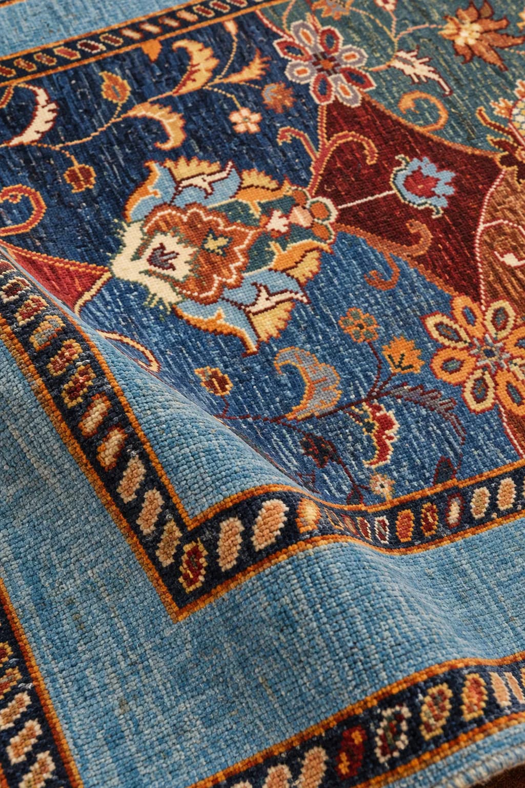 Handmade Southwestern Asian Floral Wool Carpet– Blue & Multicolor Traditional Carpet